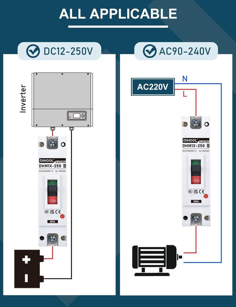 DIHOOL 200 Amp DC Breaker, 240V Battery Disconnect Switch, Thermal Magnetic Trip for Main Power Station Solar System, UPS - Image 3